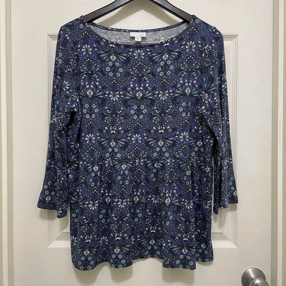 J.Jill Casual Top Ornate Floral Blue‎ Turquoise Boho 3/4 Sleeve Peplum Medium